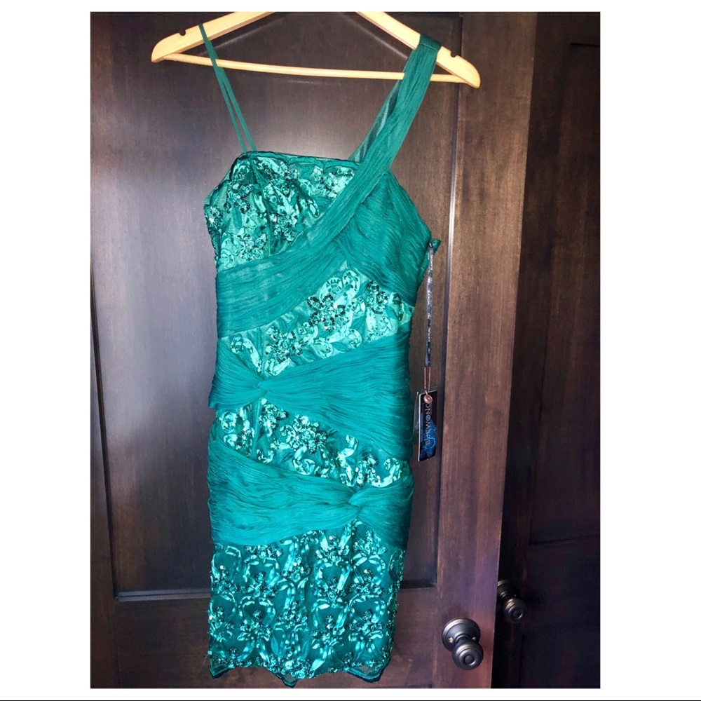 Sue Wong beaded cocktail dress green with tags